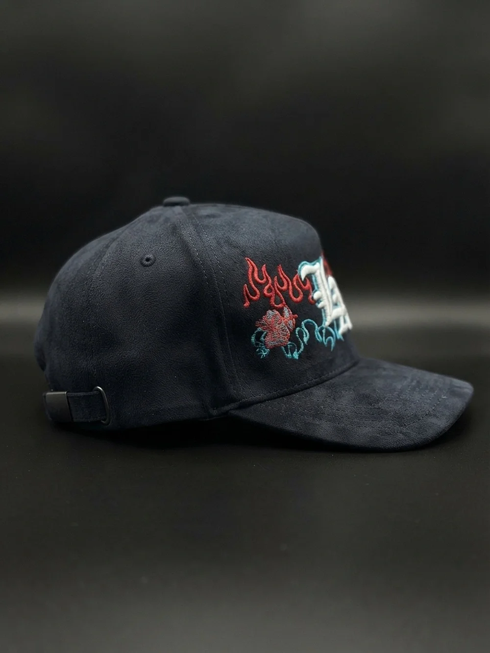 Black Baseball Cap with Embroidered 'LA' and Flame Motif